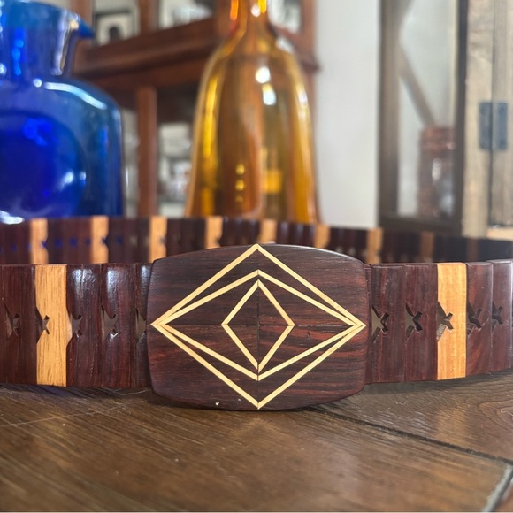 Vintage 70’s Geometric Boho Wooden Inlay Link Statement Belt Western Hippie - Picture 2 of 6
